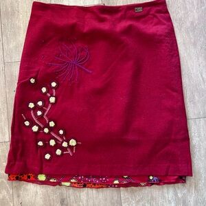 Kenzo Deep Red A-Line Skirt with Floral Embroidery